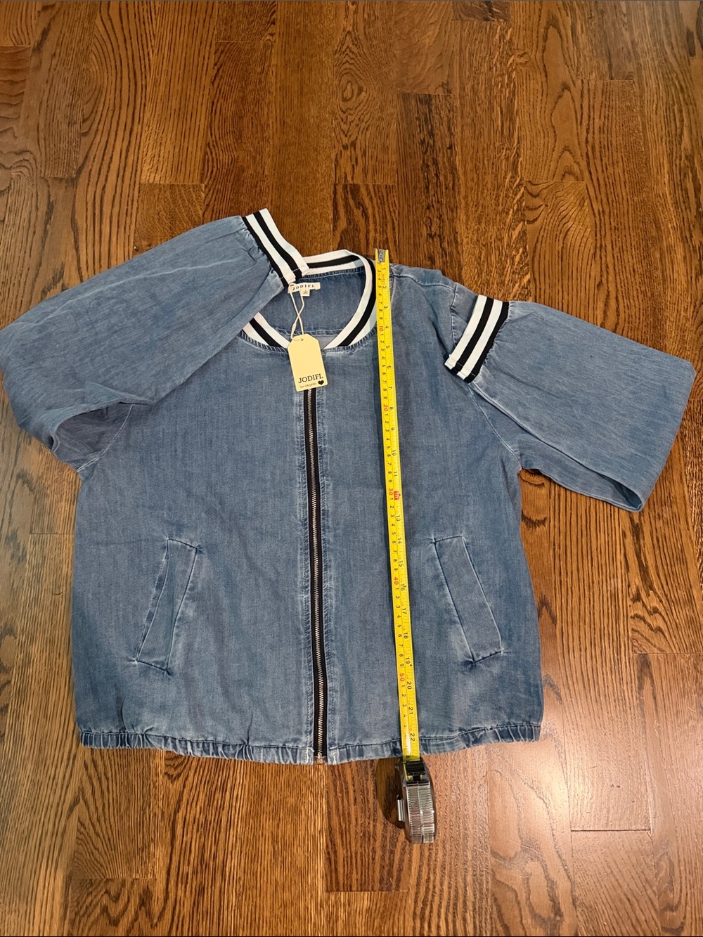 JODIFL Denim Blue Bomber Jacket with Stripe Trim large - Picture 10 of 12